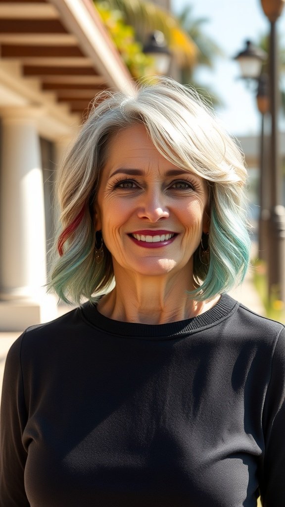 A woman with an ombre bob hairstyle featuring beach waves, smiling outdoors.