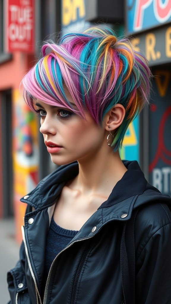 A young woman with a pixie mullet hairstyle featuring vibrant rainbow streaks, wearing a black jacket.