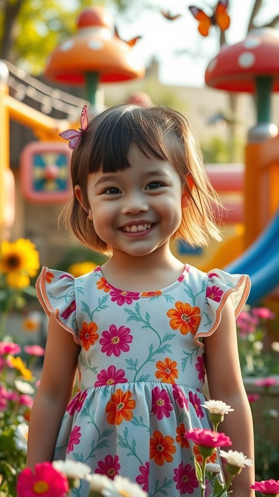 A young girl with a retro mushroom cut hairstyle, wearing a floral dress and a butterfly clip, smiling in a garden.