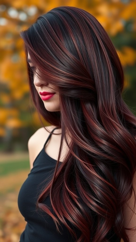 A woman with reverse burgundy ombre hair, showcasing deep burgundy tips transitioning to darker roots, styled in soft waves.
