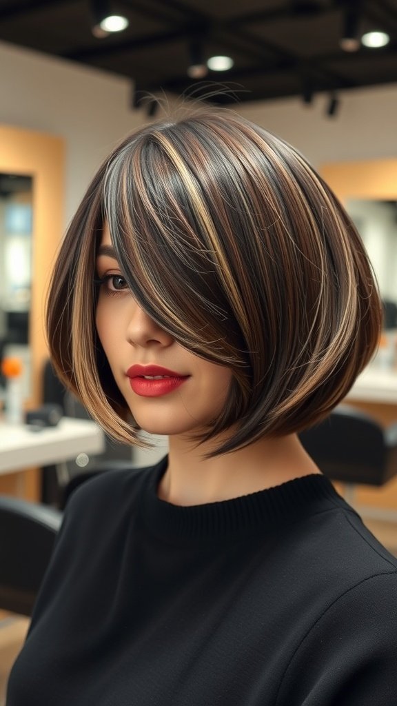 A woman with a rounded layered bob hairstyle, featuring soft layers and subtle highlights, looking stylish with a bold red lip.