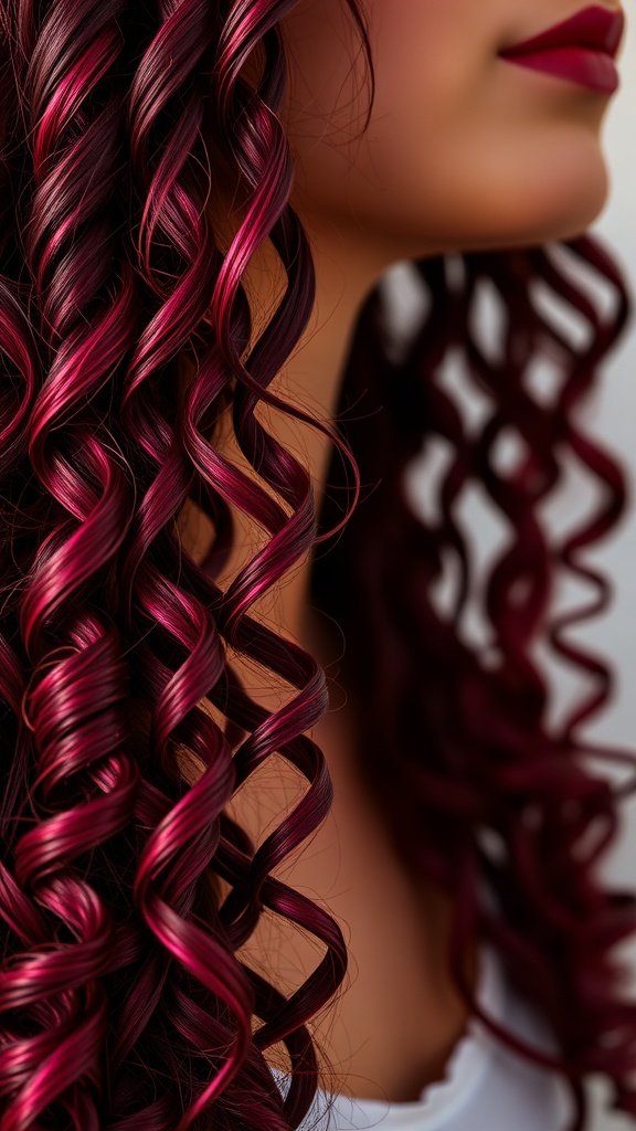 A close-up of ruby-tinted ringlets, showcasing vibrant dark red curls.