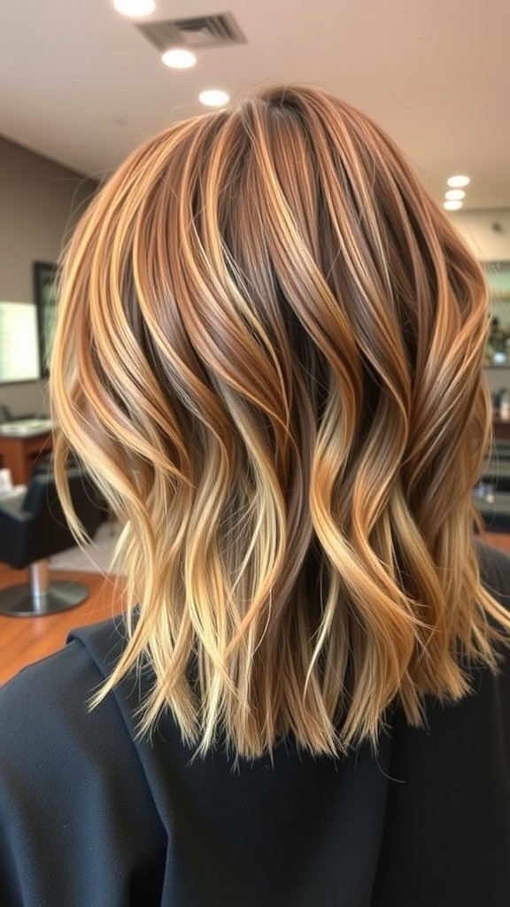 Shaggy lob haircut with balayage highlights, showcasing warm tones and soft waves.