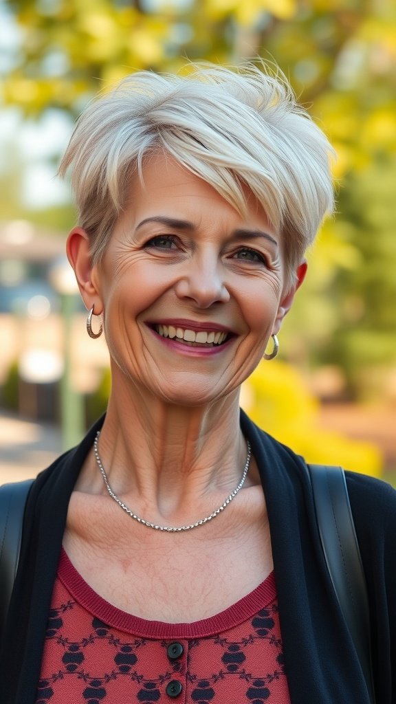 A smiling older woman with a short blonde pixie hairstyle and side bangs, wearing a red top and a black cardigan.