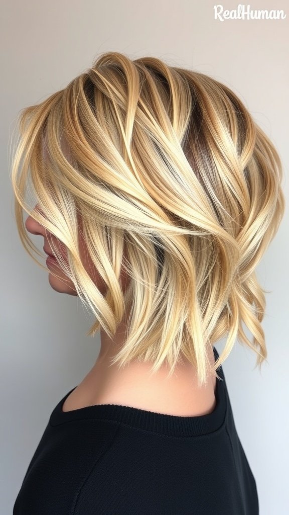Short blonde hairstyle with olive lowlights, featuring soft waves and a chic look.