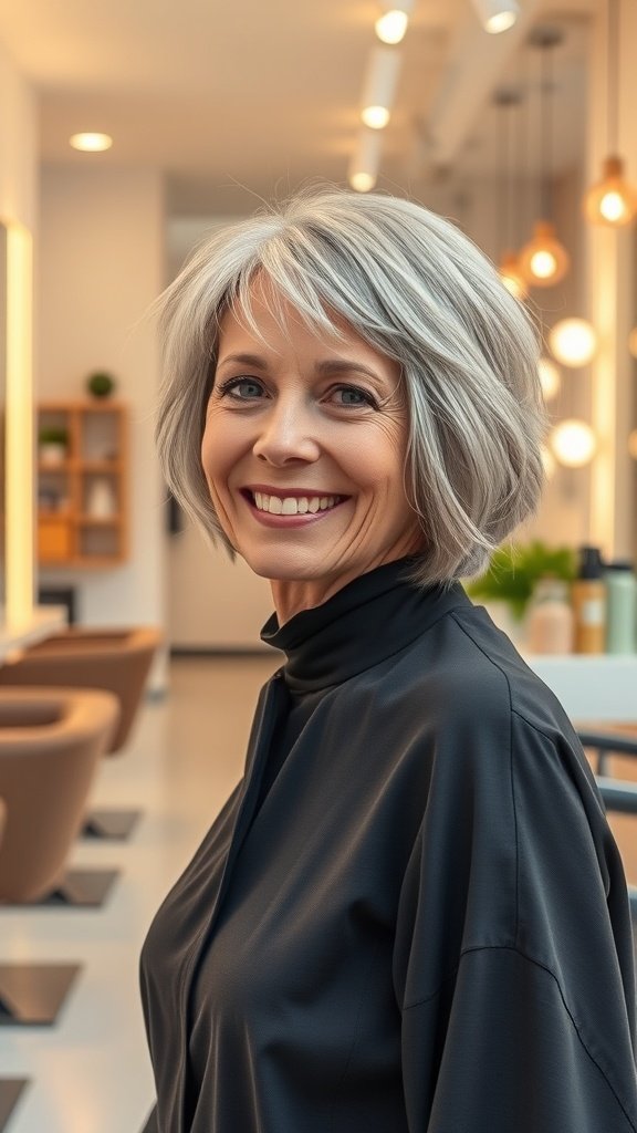 A woman with a short choppy bob and wispy bangs, smiling in a modern salon setting.