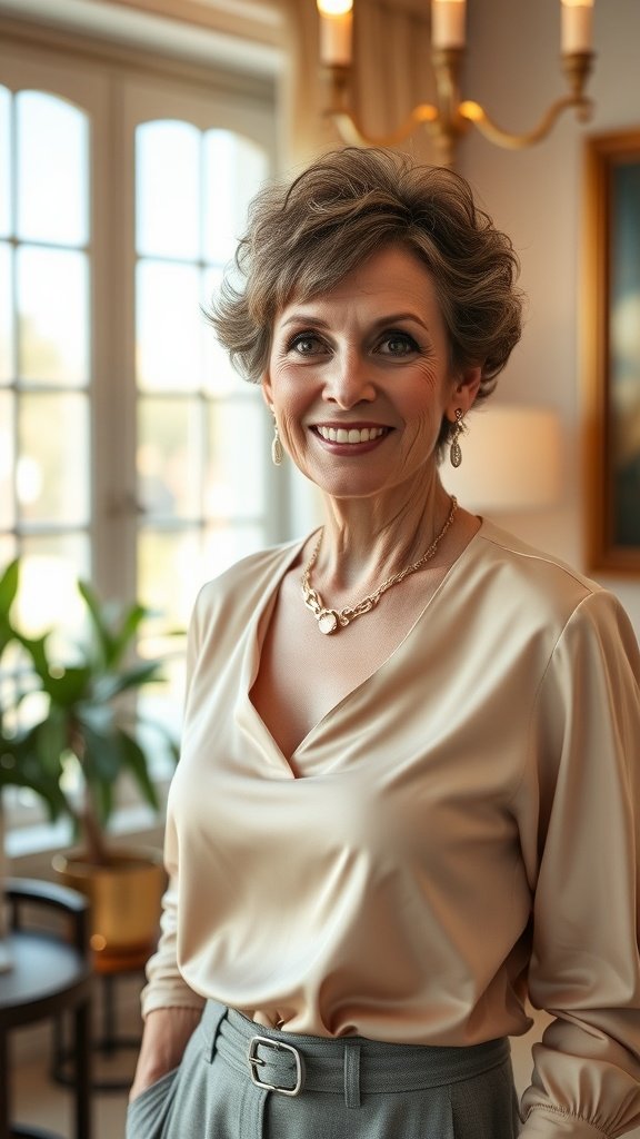 A woman with short curly hair and bangs, smiling confidently in a stylish outfit.