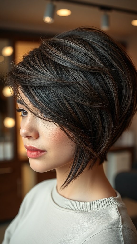 A woman with a short stacked bob hairstyle, showcasing volume at the top and stylish layers.
