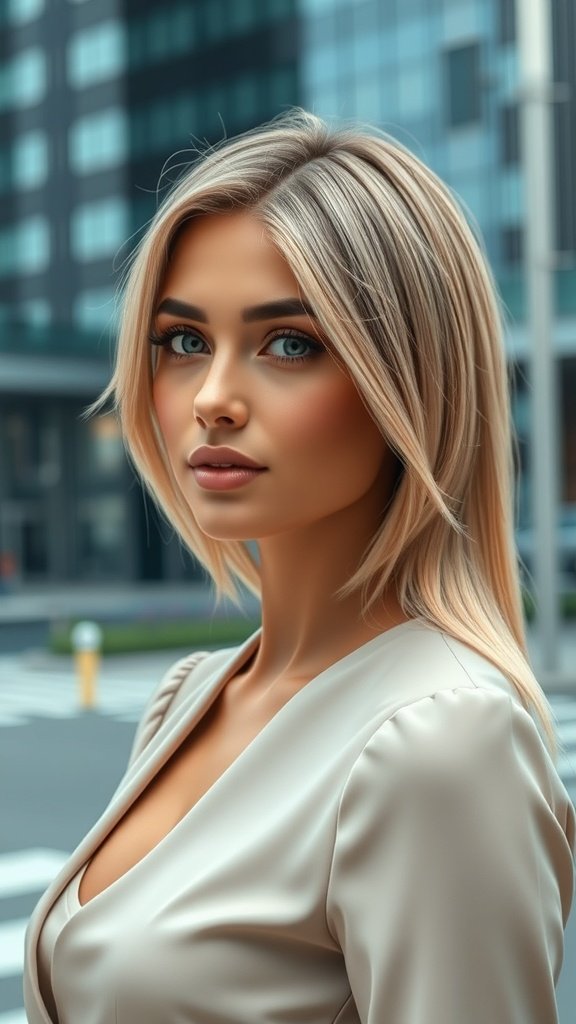 A woman with sleek blonde hair styled in a side part, showcasing dark roots.