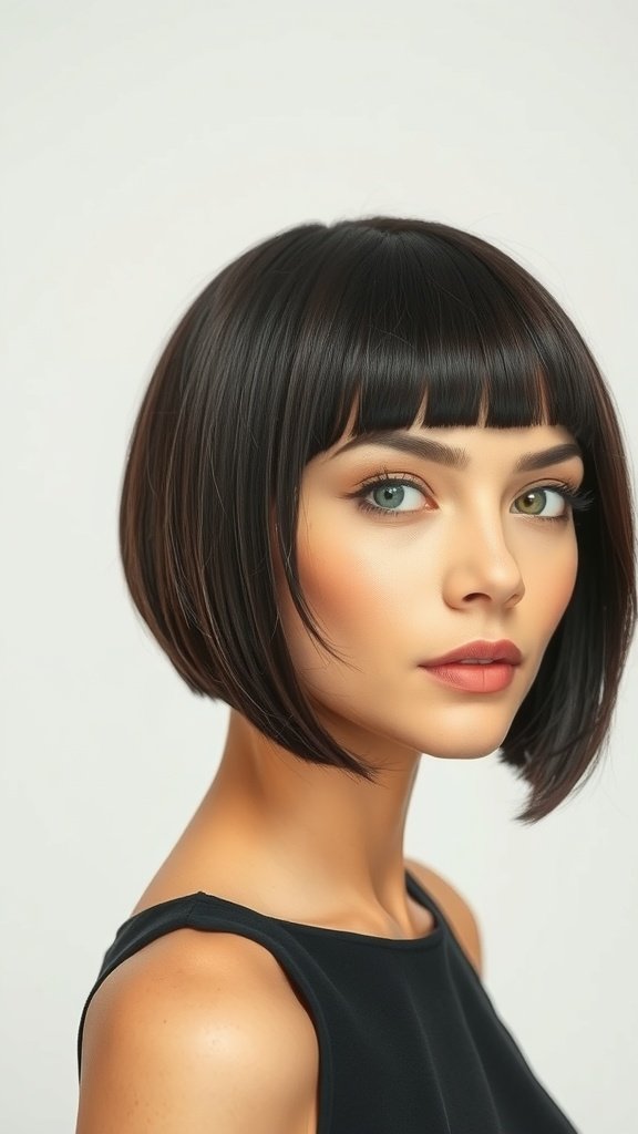 A model with a sleek middle-parted bob hairstyle, showcasing a polished and modern look.