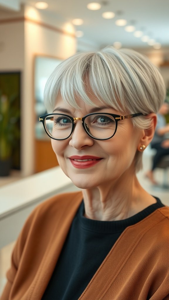 A woman over 70 with a sleek straight cut and full fringe, wearing glasses and smiling.