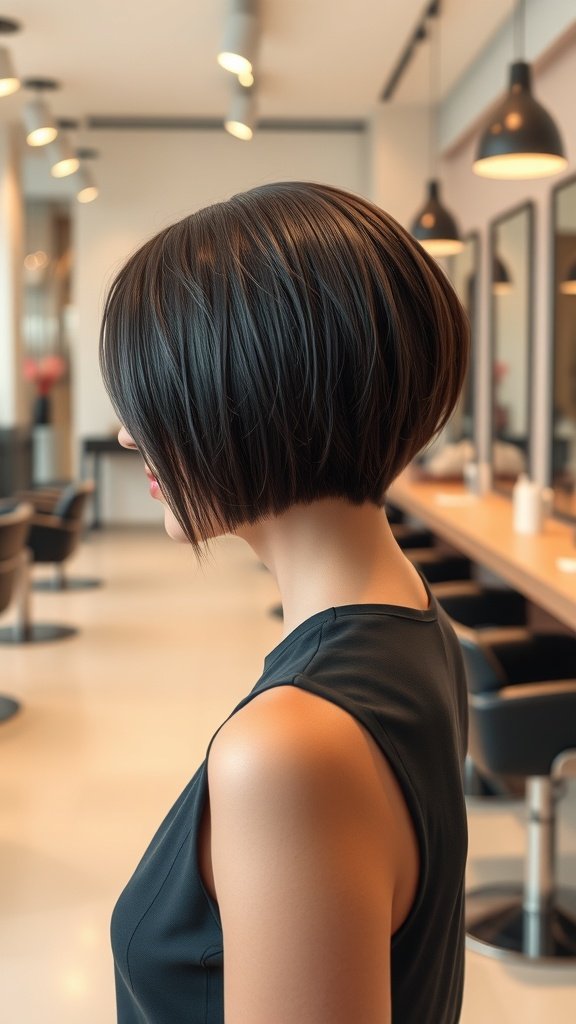 A woman with a slicked back wet look bob hairstyle, showcasing a sleek and modern appearance.