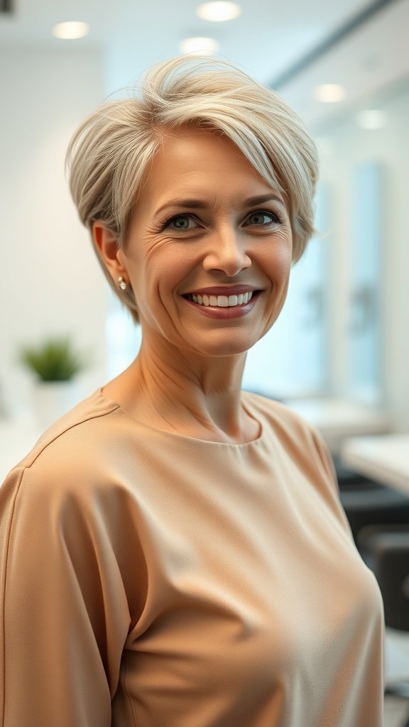 A woman with a sophisticated pixie hairstyle, showcasing subtle volume and a warm smile.