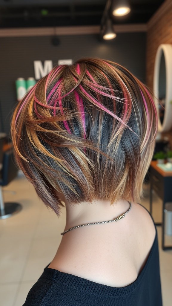 A stylish bob haircut featuring stacked nape and edgy layers with colorful highlights.