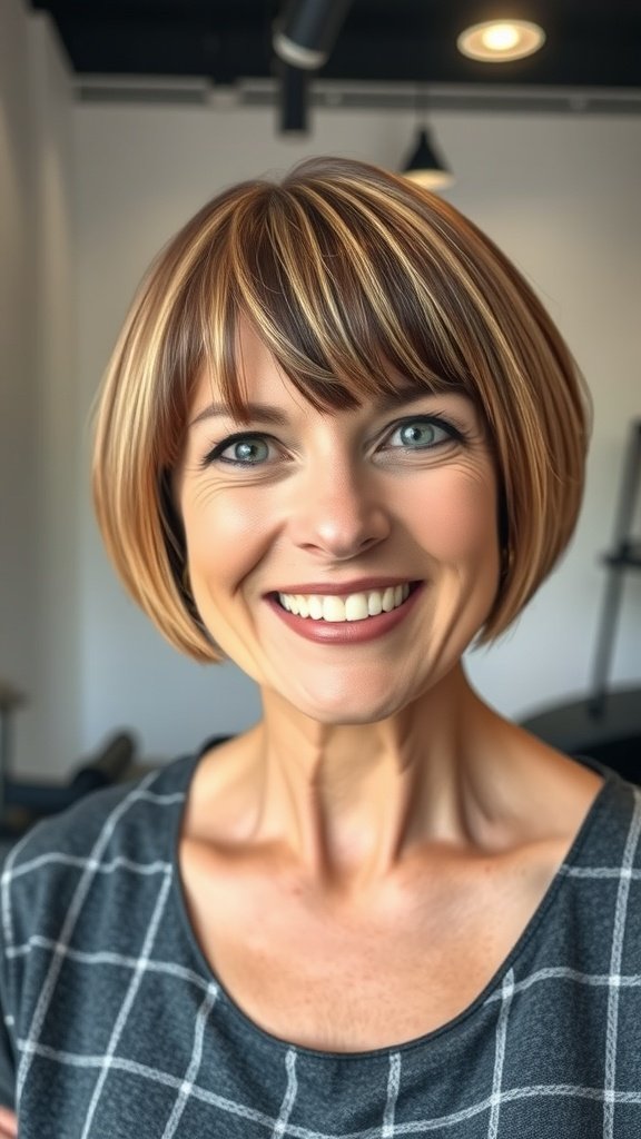 A woman with a straight lob hairstyle and full straight-cut bangs, smiling confidently.
