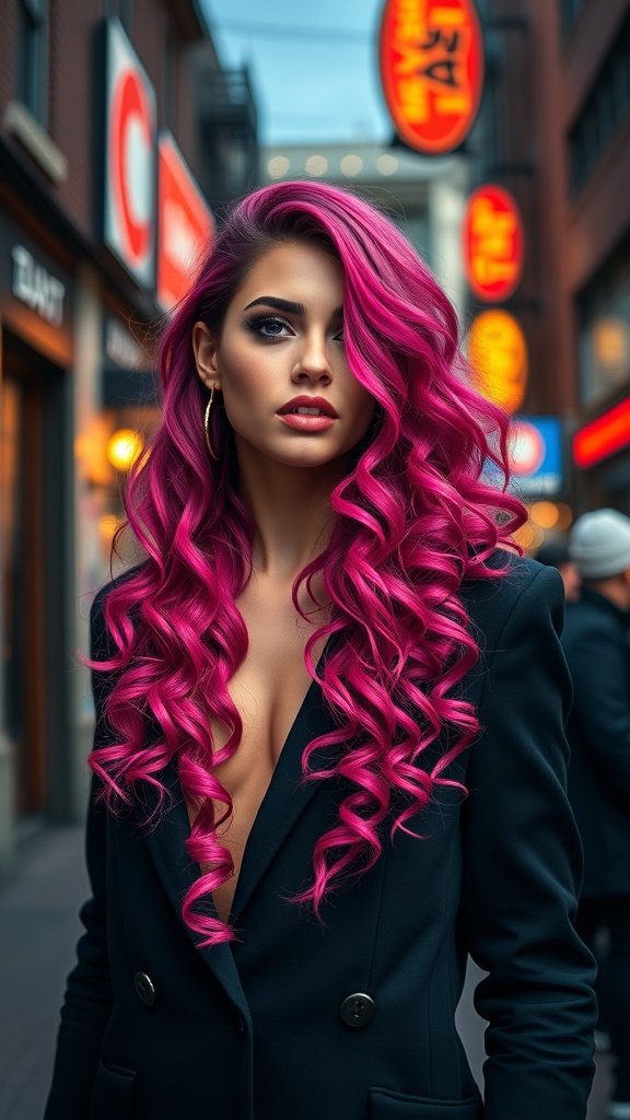 A model with sultry fuchsia curls wearing a black blazer in a city street.