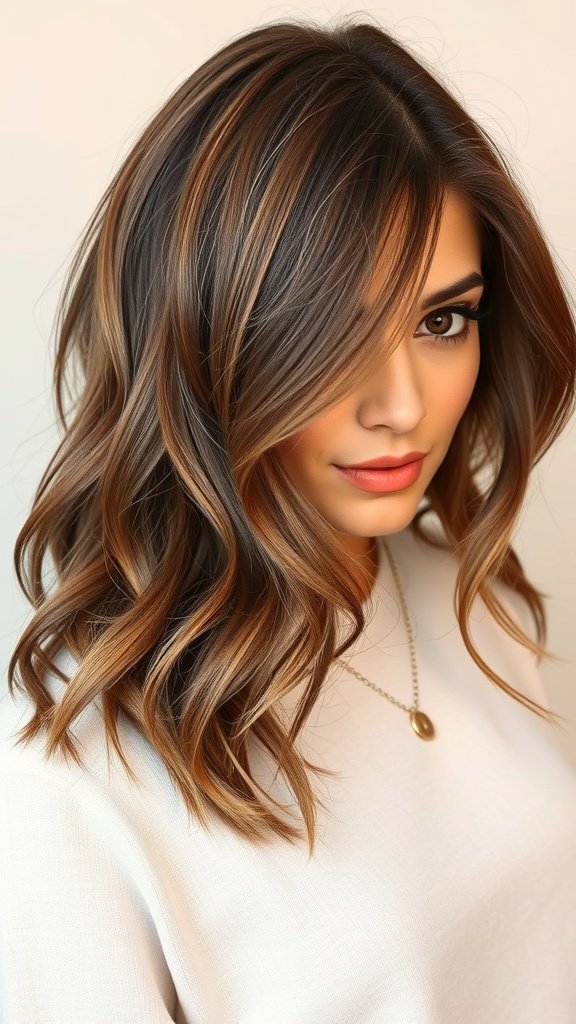 A woman with tawny brown cascading layers hairstyle, featuring soft waves.