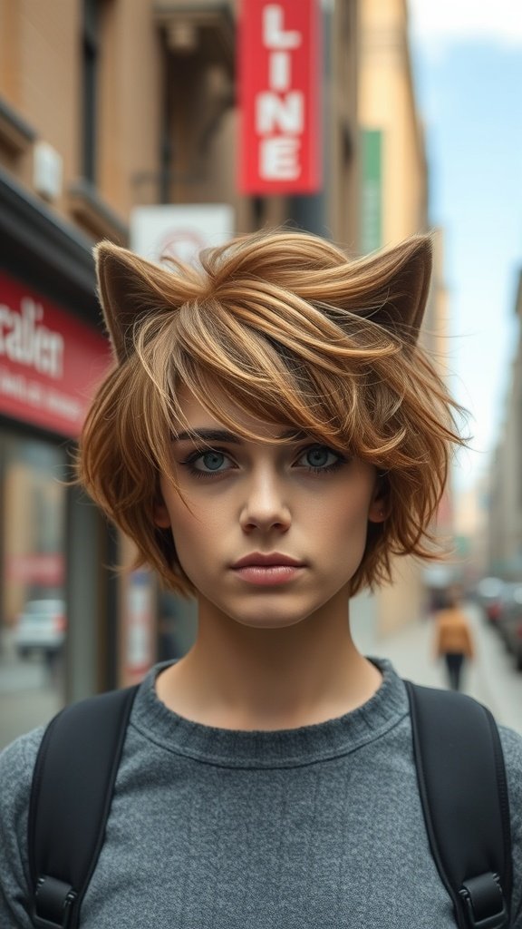 A person with a textured wavy wolf cut hairstyle, showcasing layers and volume.