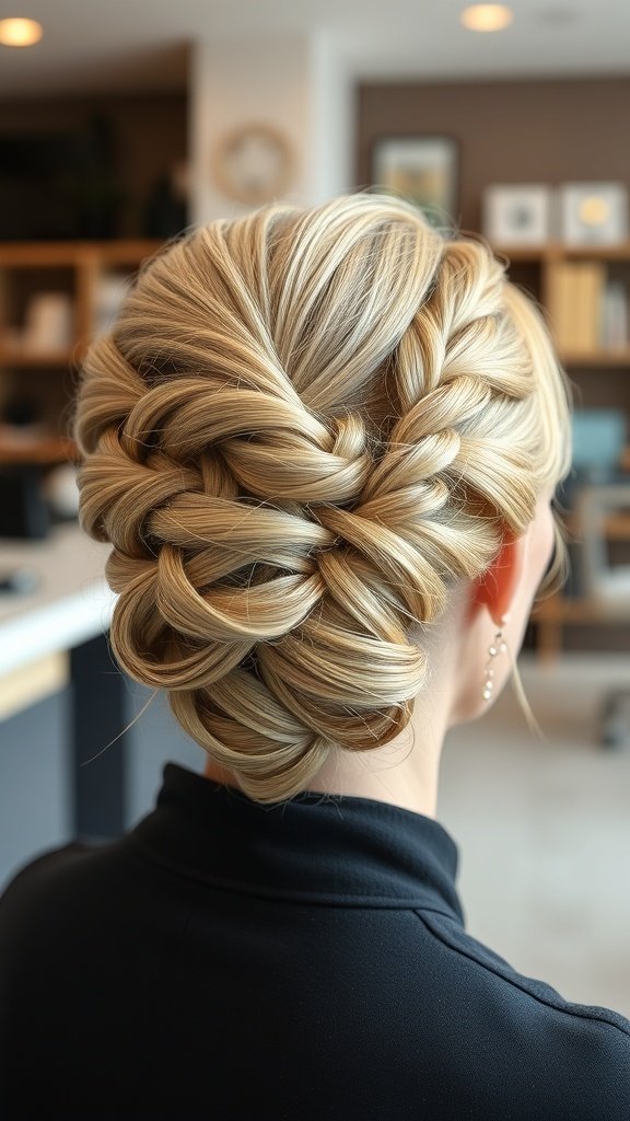 A stylish twisted updo hairstyle with accent braids, showcasing elegance and creativity.