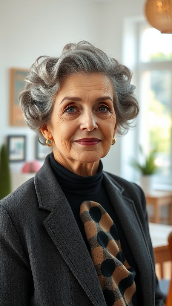 A woman over 70 with vintage coils hairstyle, wearing a stylish outfit.