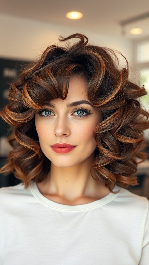 A woman with shoulder-length voluminous barrel curls, showcasing rich hair color and a radiant smile.