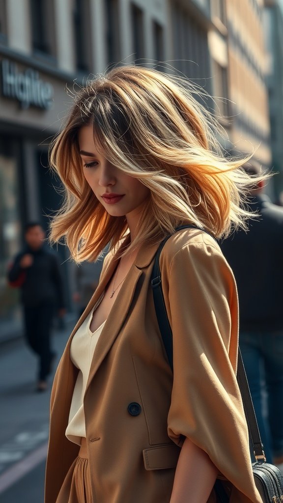 A woman with voluminous mid-length layered hair, wearing a stylish outfit, walking in an urban setting.
