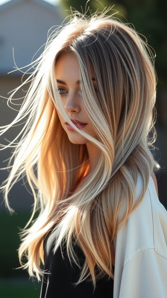 A woman with long, flowing ash blonde hair styled in soft waves, showcasing a beautiful ombre transition.