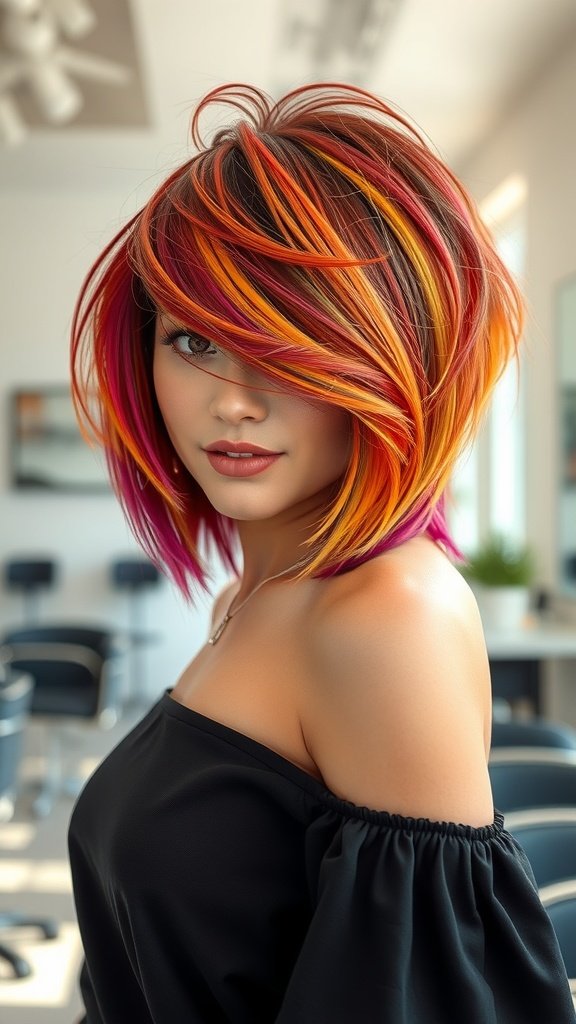 A woman with an asymmetrical feathered bob hairstyle featuring vibrant peek-a-boo colors.