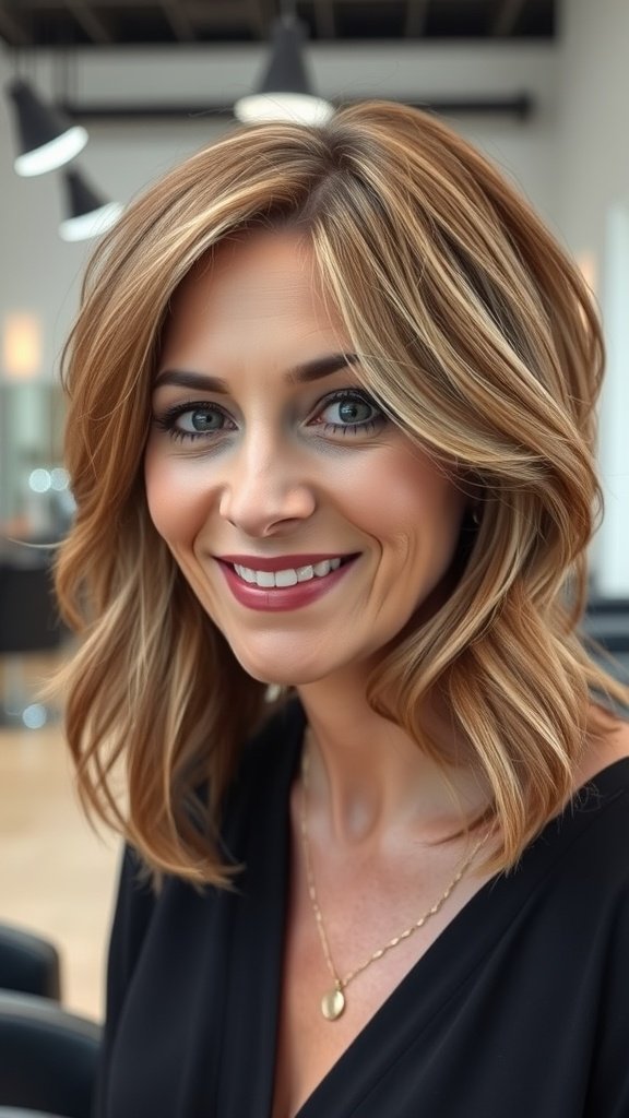 A woman with an asymmetrical lob hairstyle and side-swept bangs, smiling confidently.