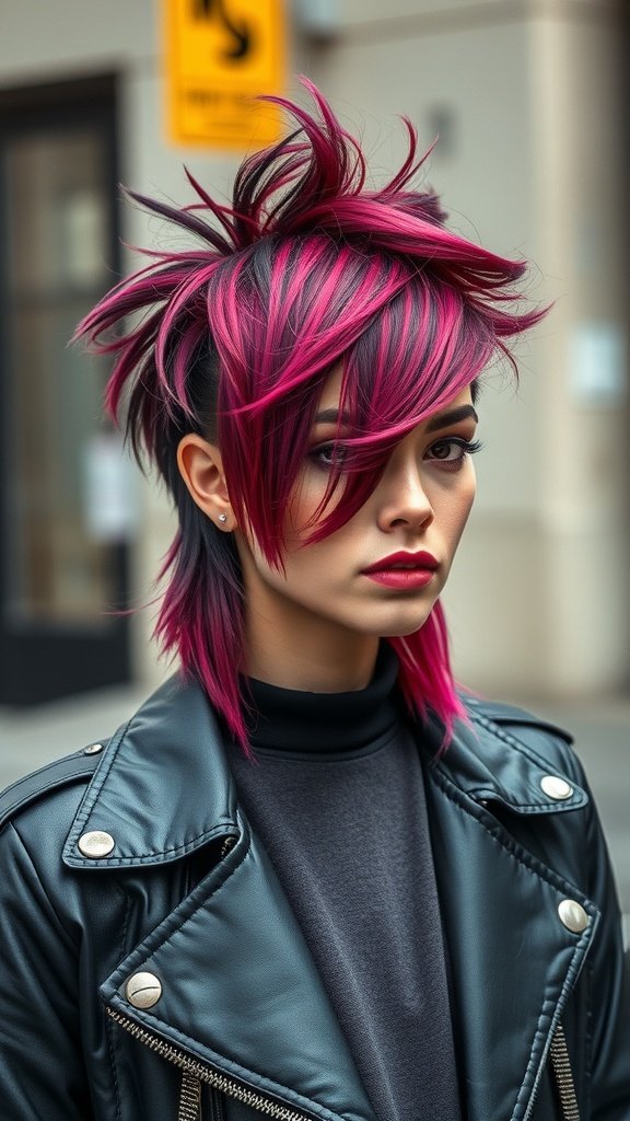 A person with an asymmetrical shaggy mullet hairstyle, featuring dark and vibrant pink colors, wearing a leather jacket.