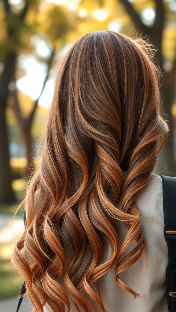 A close-up view of long, wavy auburn hair with apricot highlights, showcasing a warm and inviting hairstyle.