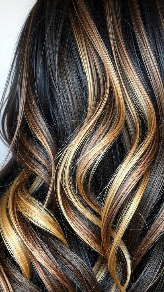 Black-brown hair with soft beige-blonde highlights styled in waves