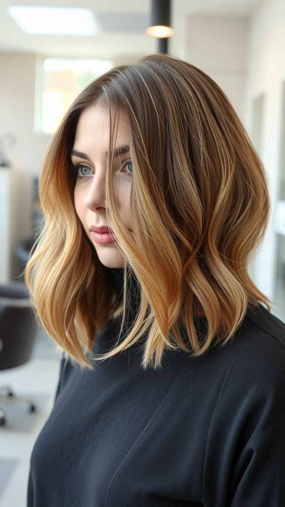 A woman with a medium bob hairstyle featuring delicate face-framing layers and warm tones.