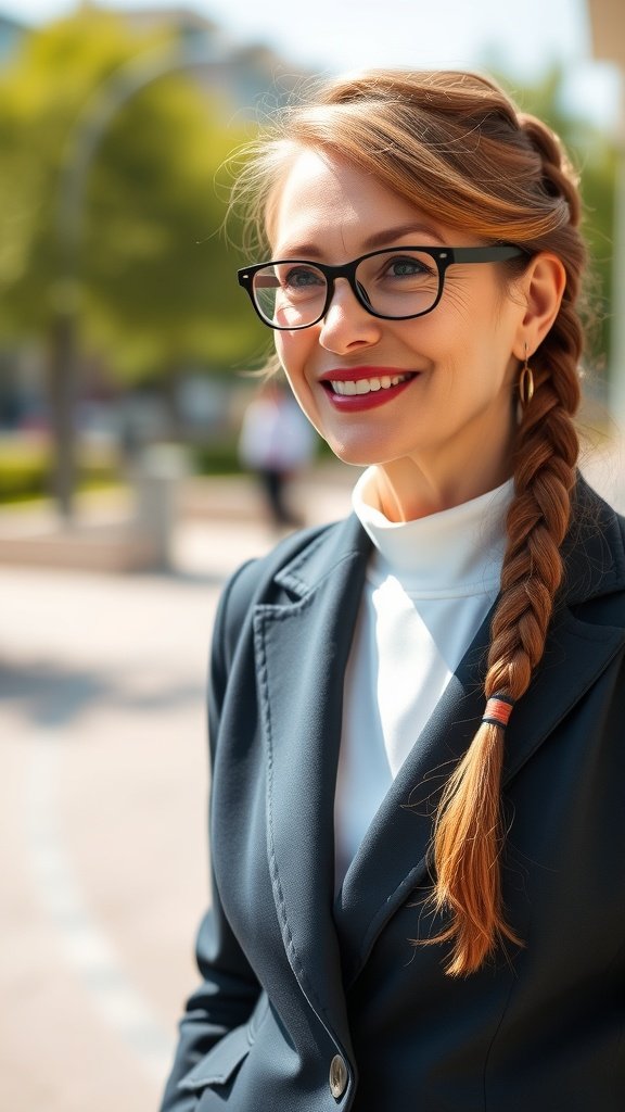 A woman with glasses wearing a braided half-up, half-down hairstyle, smiling outdoors.