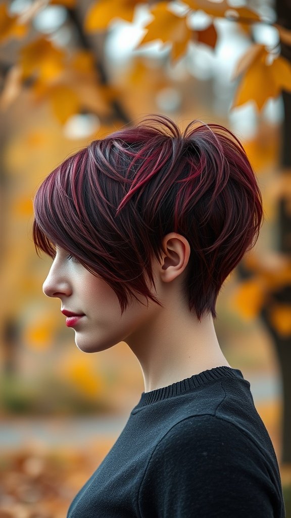 A woman with a burgundy pixie cut and dark roots, standing against a backdrop of autumn leaves.