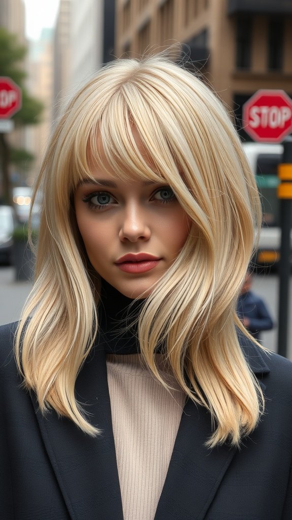 A woman with a buttery blonde bob haircut featuring soft waterfall waves, styled elegantly against an urban backdrop.