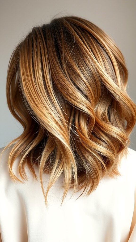A wavy bob hairstyle featuring caramel balayage highlights