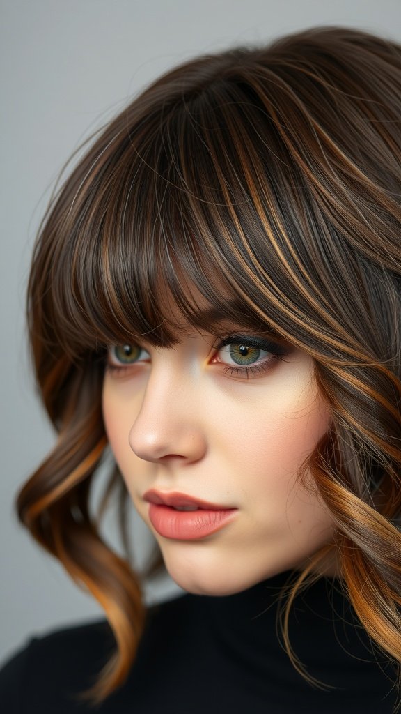 A close-up of a woman with dark brown hair featuring caramel highlights and a fringe cut.