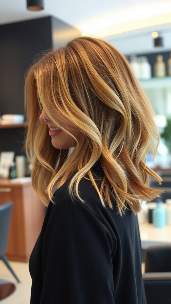 A woman with a casual wavy lob hairstyle and fringe, smiling in a modern setting.