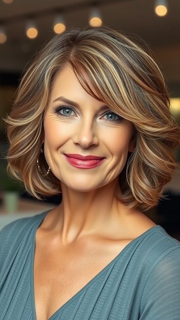 A woman with a chin-length curly bob hairstyle, featuring subtle face-framing curls, smiling confidently.