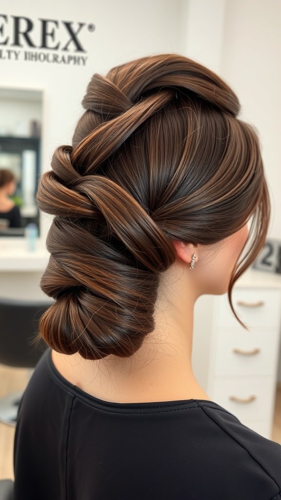 A woman with a chocolate brown French twist hairstyle, showcasing a sleek and polished look.