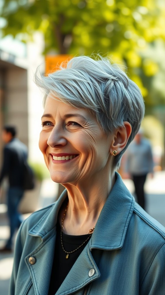 A woman with a choppy pixie hairstyle, featuring a stacked back, smiling outdoors.
