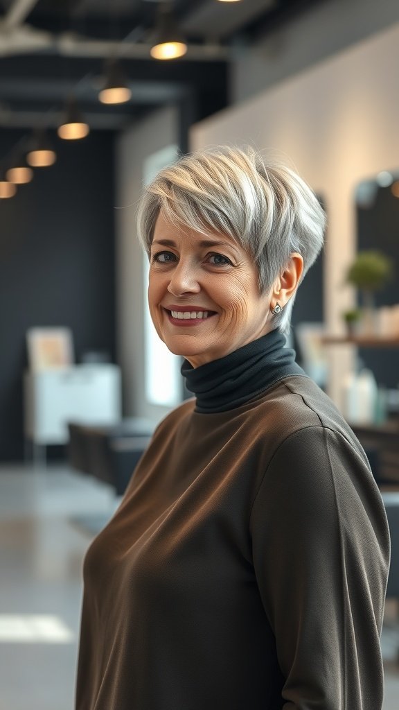 A woman over 50 with a choppy pixie haircut and layered bangs, smiling in a modern salon setting.