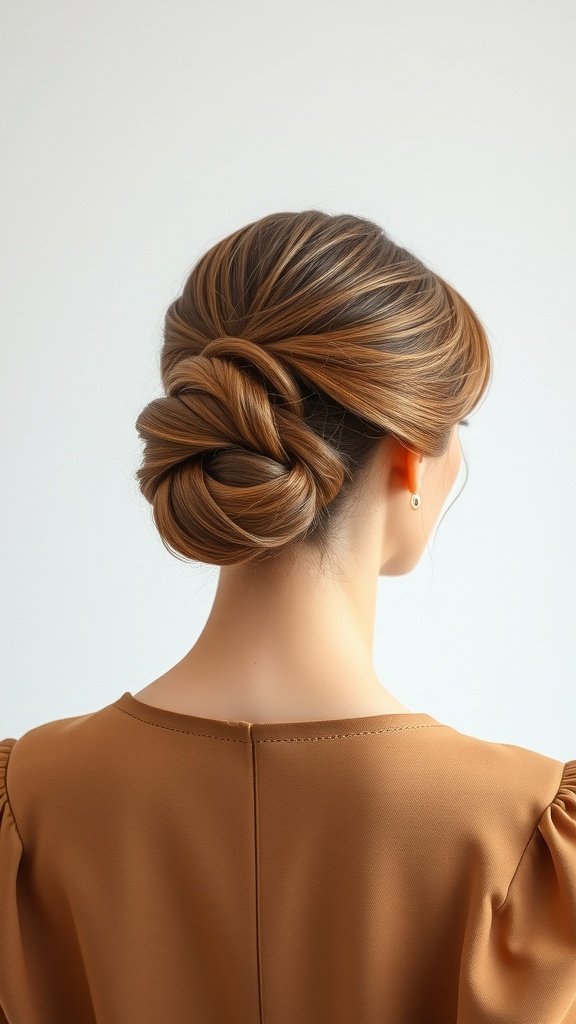 A woman with a classic French twist hairstyle complemented by soft bangs, showcasing elegance and style.