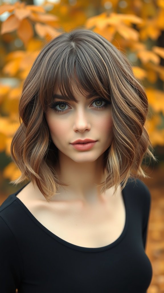 A woman with layered bob haircut and curtain bangs, set against an autumn backdrop.