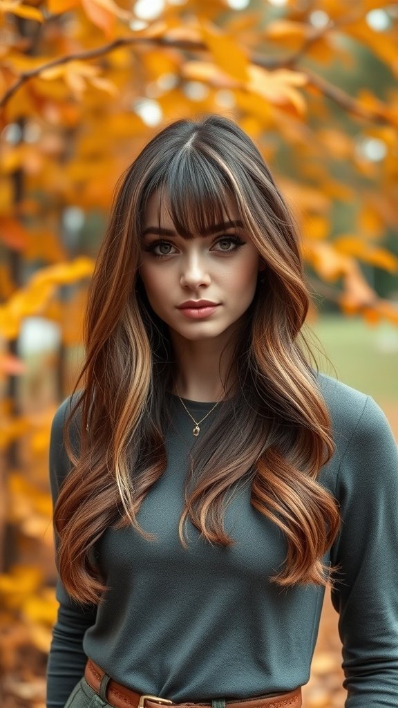 A woman with curtain bangs and balayage hairstyle, surrounded by autumn leaves.