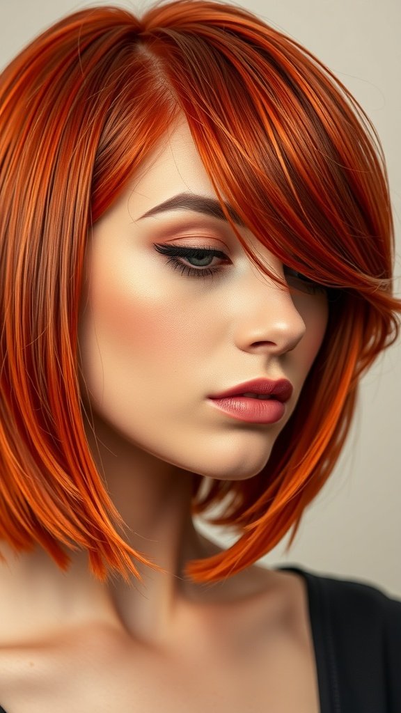 A close-up of a woman with dark-tangerine red lob hairstyle, showcasing vibrant hair color and sleek cut.