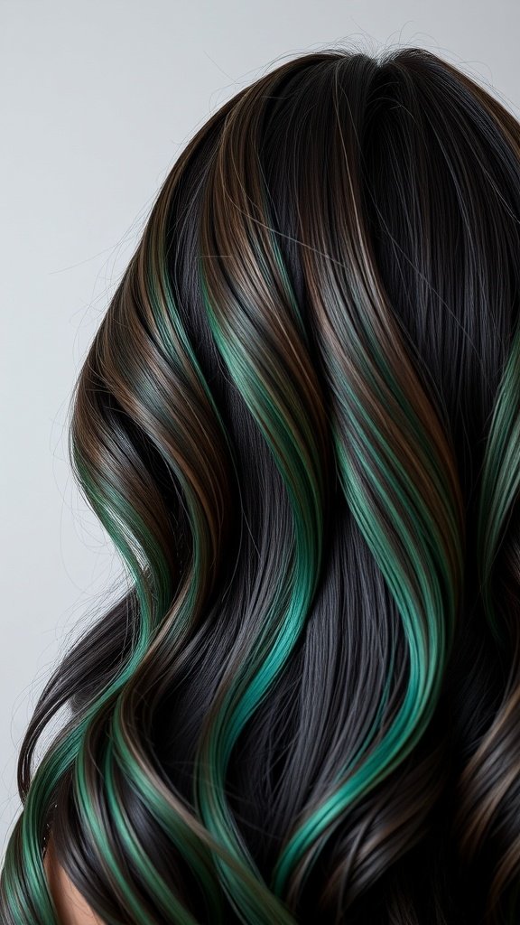 Dark brown hair with emerald streaks styled in waves