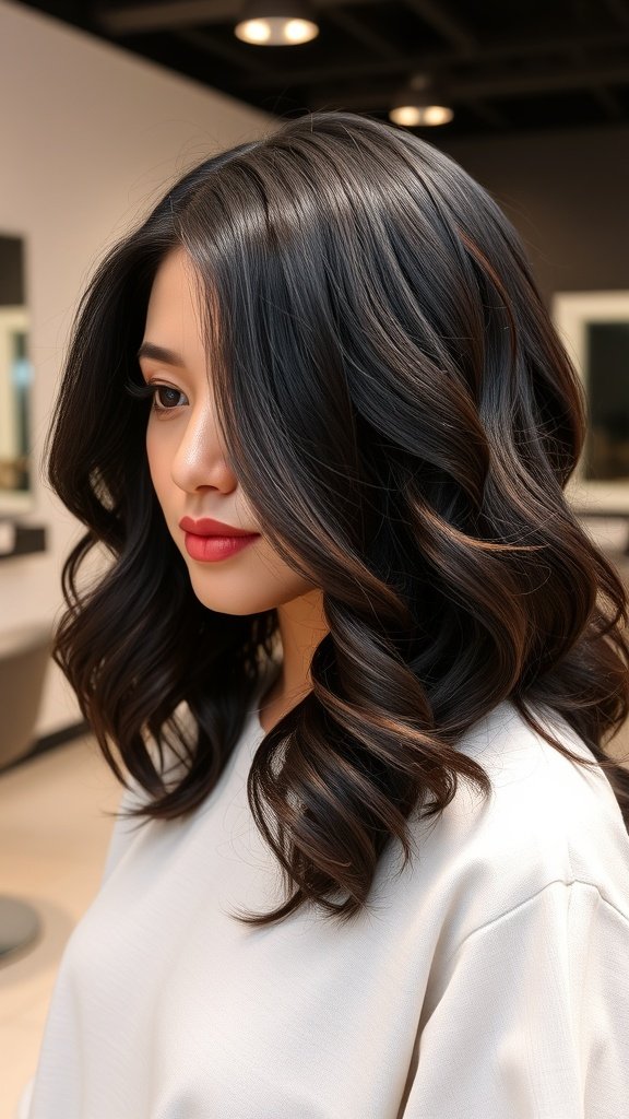 A woman with shoulder-length dark cherry curls, showcasing a vibrant hairstyle.