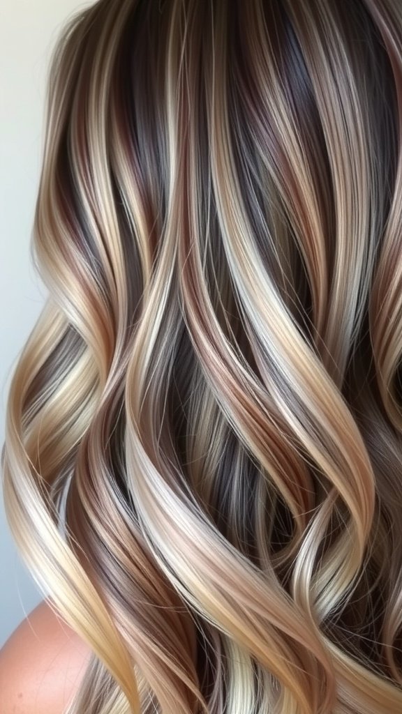 A hairstyle featuring deep brown hair with silver-blonde streaks, styled in soft waves.